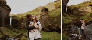 couple hugs in front of waterfall in iceland