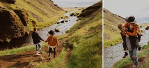 couple walks through river bed in iceland