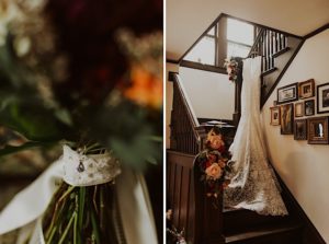 details of bridal bouquet and historic staircase