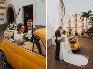 bride and groom pose near vintage yellow convertable in sorrento italy