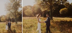 eloped couple walk through sun drenched fields at national arboretum