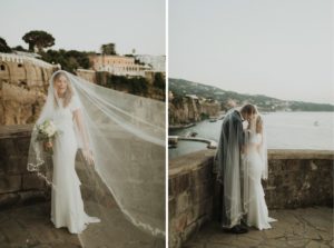 bride and groom kiss under cathedral veil