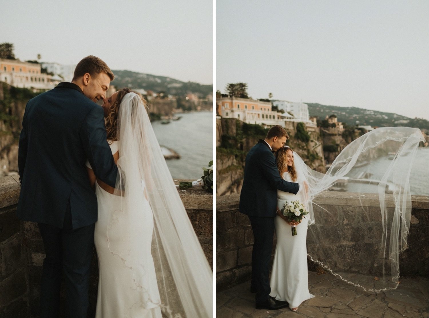 Bride and groom embrace with long wedding veil 