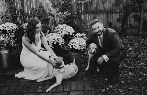 newlyweds snuggle their dogs after backyard elopement