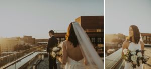 bride walks to fiance during elopement on the line hotel roof
