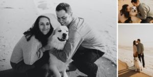 couple poses with their dog