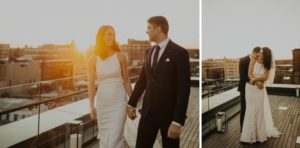 bride and groom walk around rooftop during sunset
