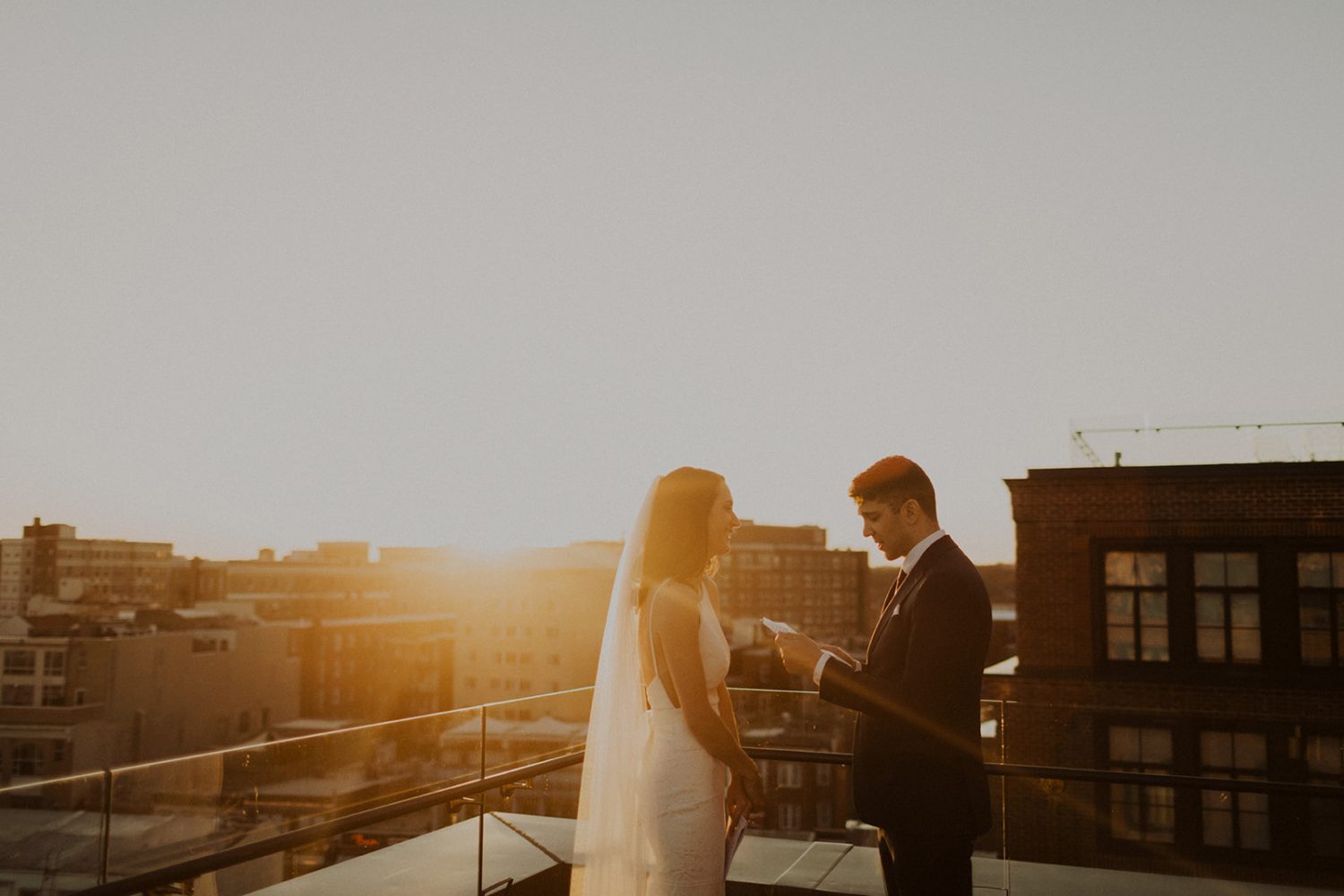 Couple exchanges vows at sunset at the line dc hotel