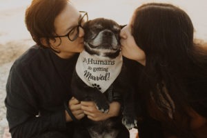 Couple kisses dog at engagement session