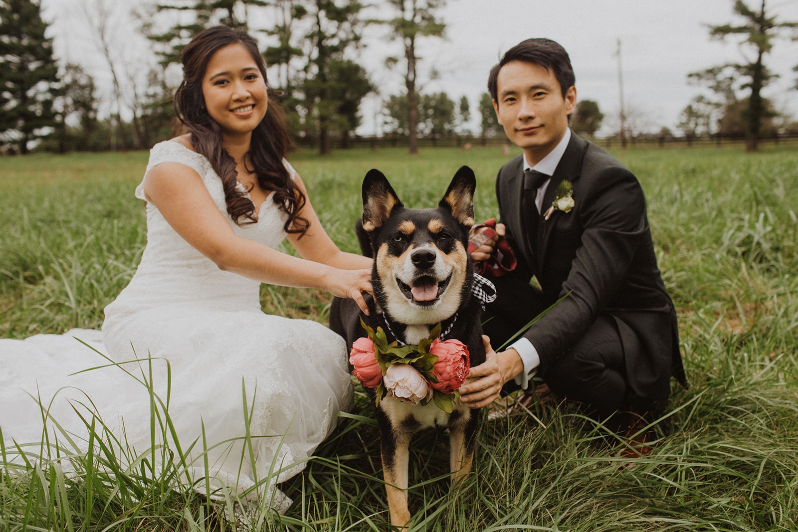 Couple poses with dog at Virginia wedding venue