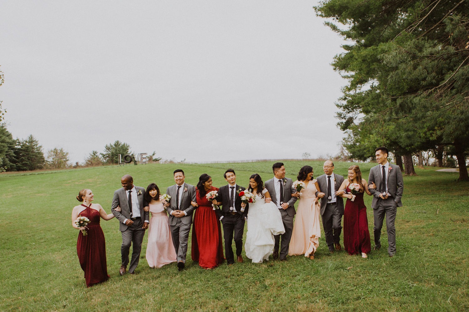Bridal party walks in field with bride and groom at Virginia outdoor wedding.