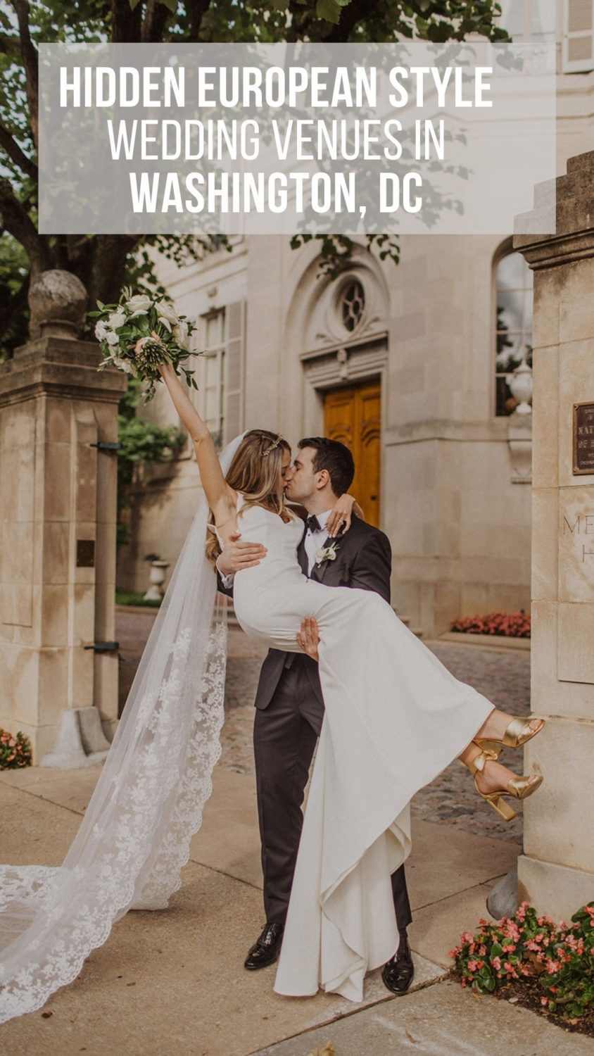Couple kisses in front of European-style Washington DC wedding venue