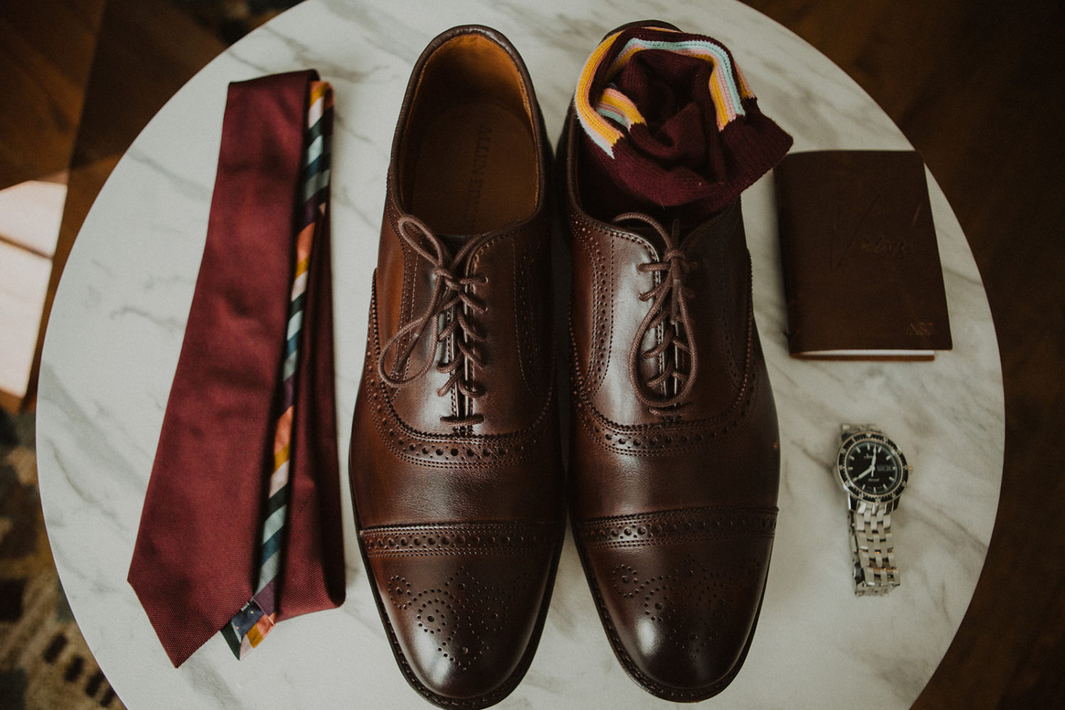 Groom's shoes and accessories flat lay