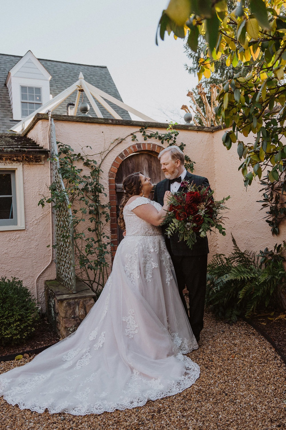 Couple embraces at Red Fox Inn wedding