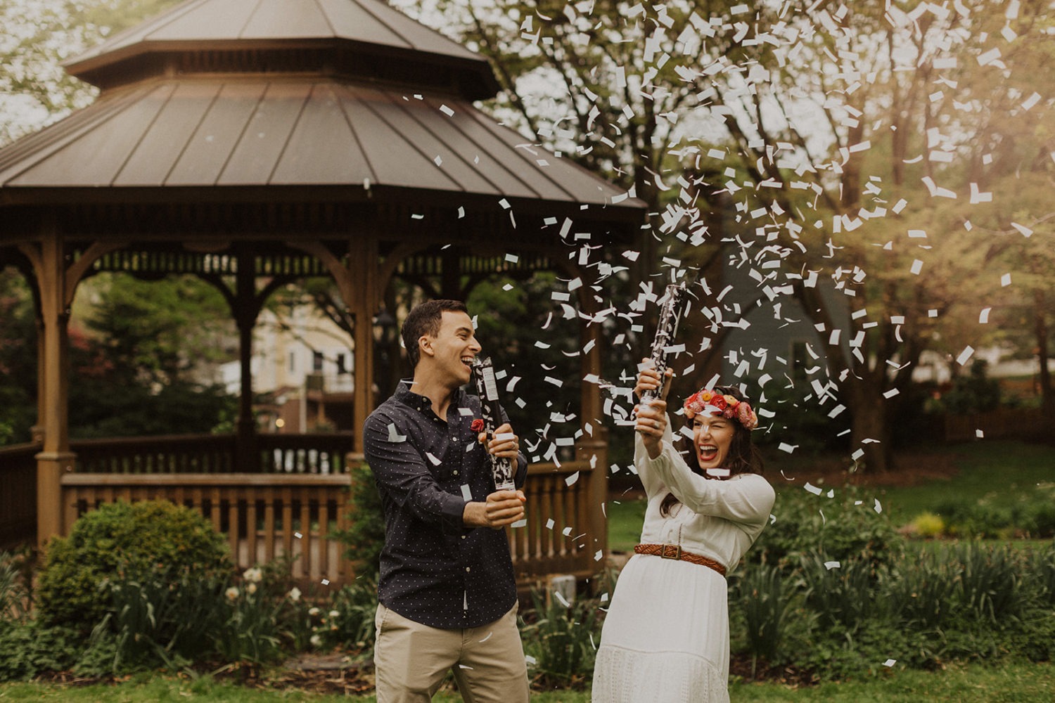 Couple pops confetti at spring Virginia park elopement