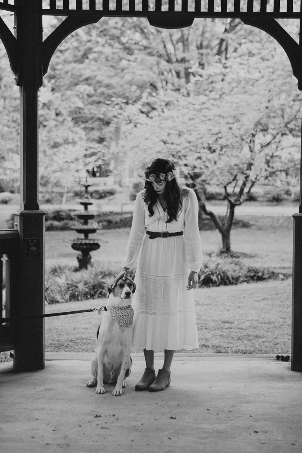Bride pets dog at spring Virginia park elopement