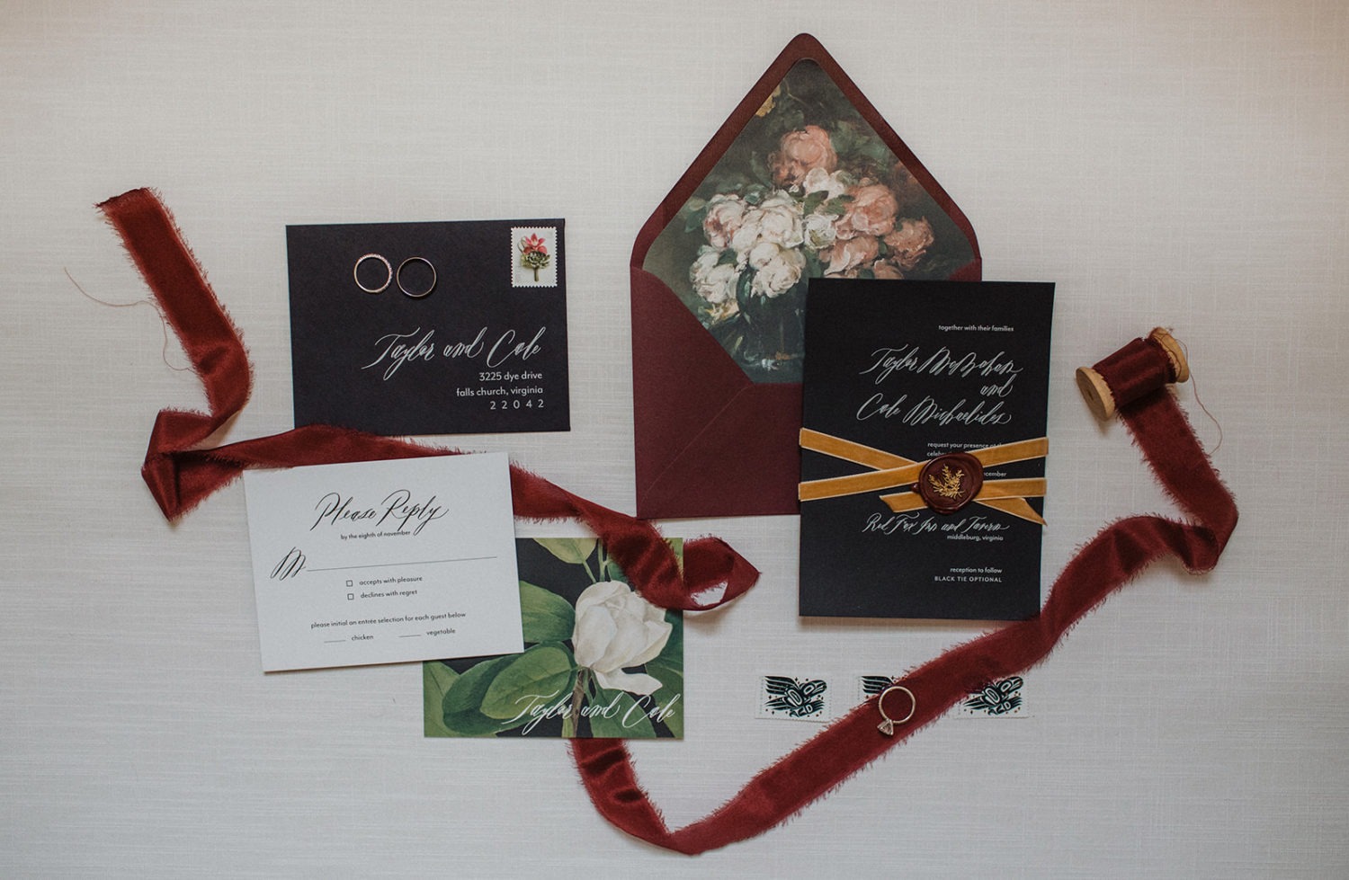 Flat lay of wedding details and accessories