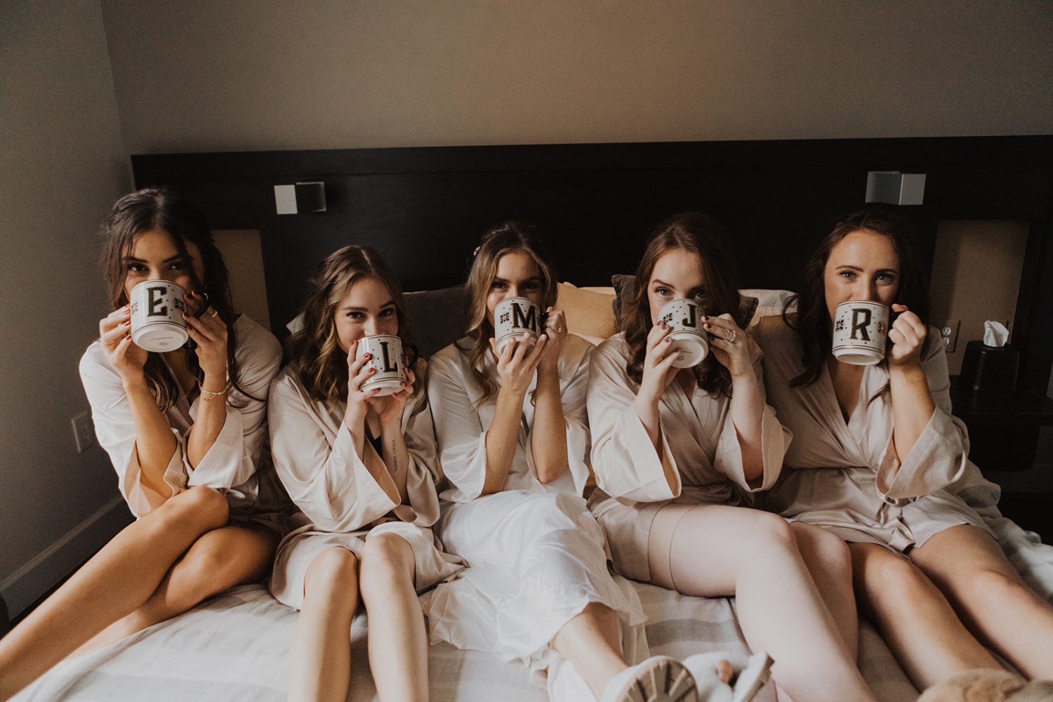 Bridesmaids drink from personalized mugs at Virginia wedding 