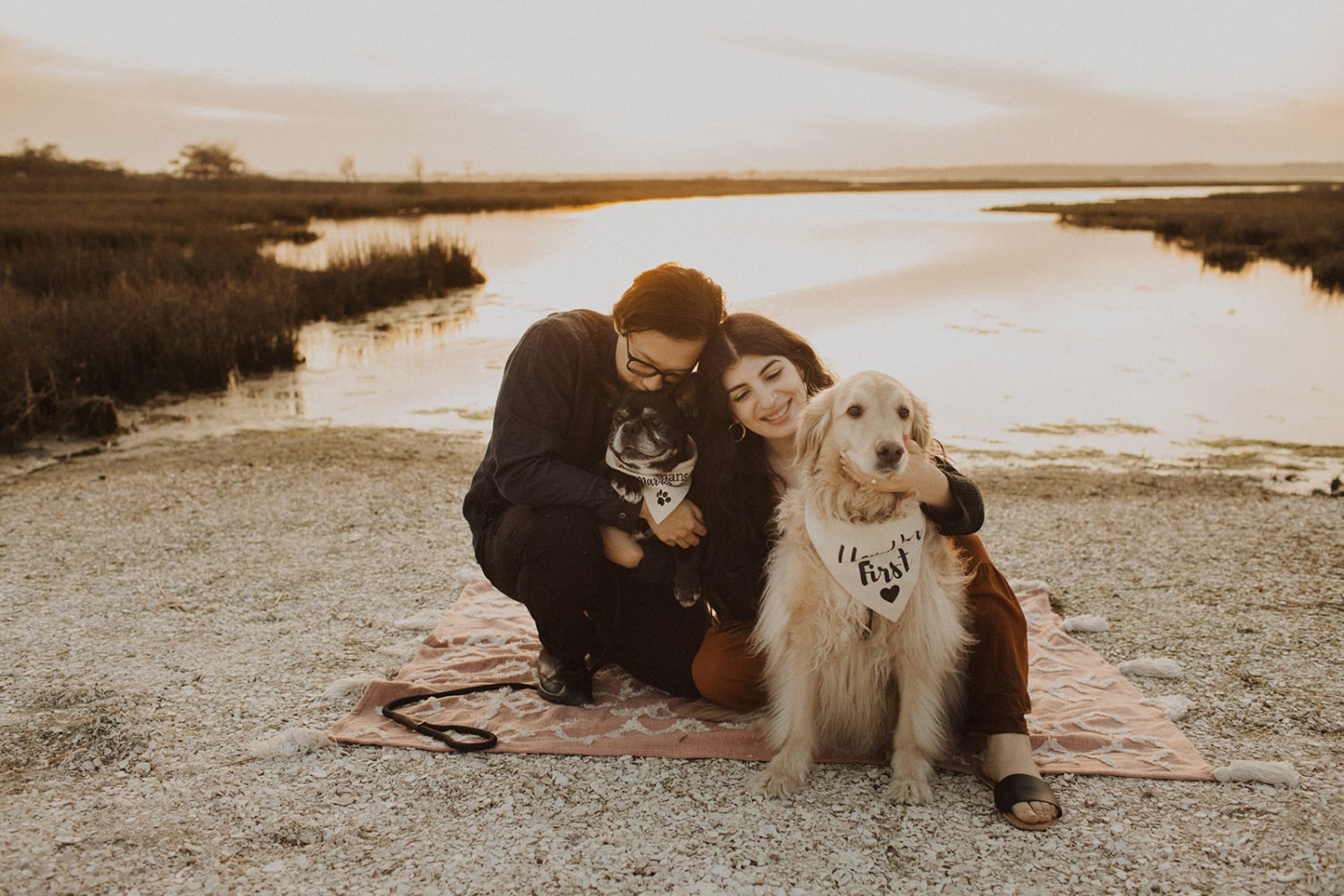 Couple sits with their dogs at Assateague Island engagement session