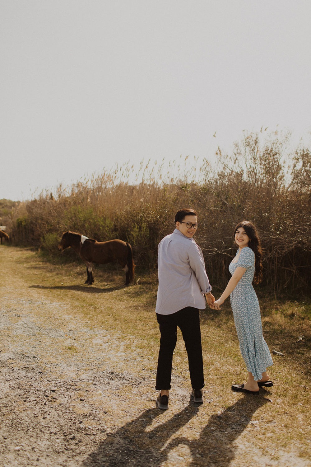 Couple holds hands by wild horses at Assateague Island spring engagement session