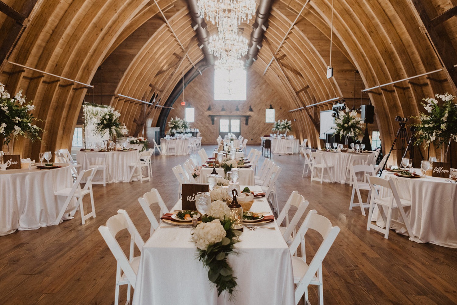 Reception table setting and decor at Virginia barn wedding