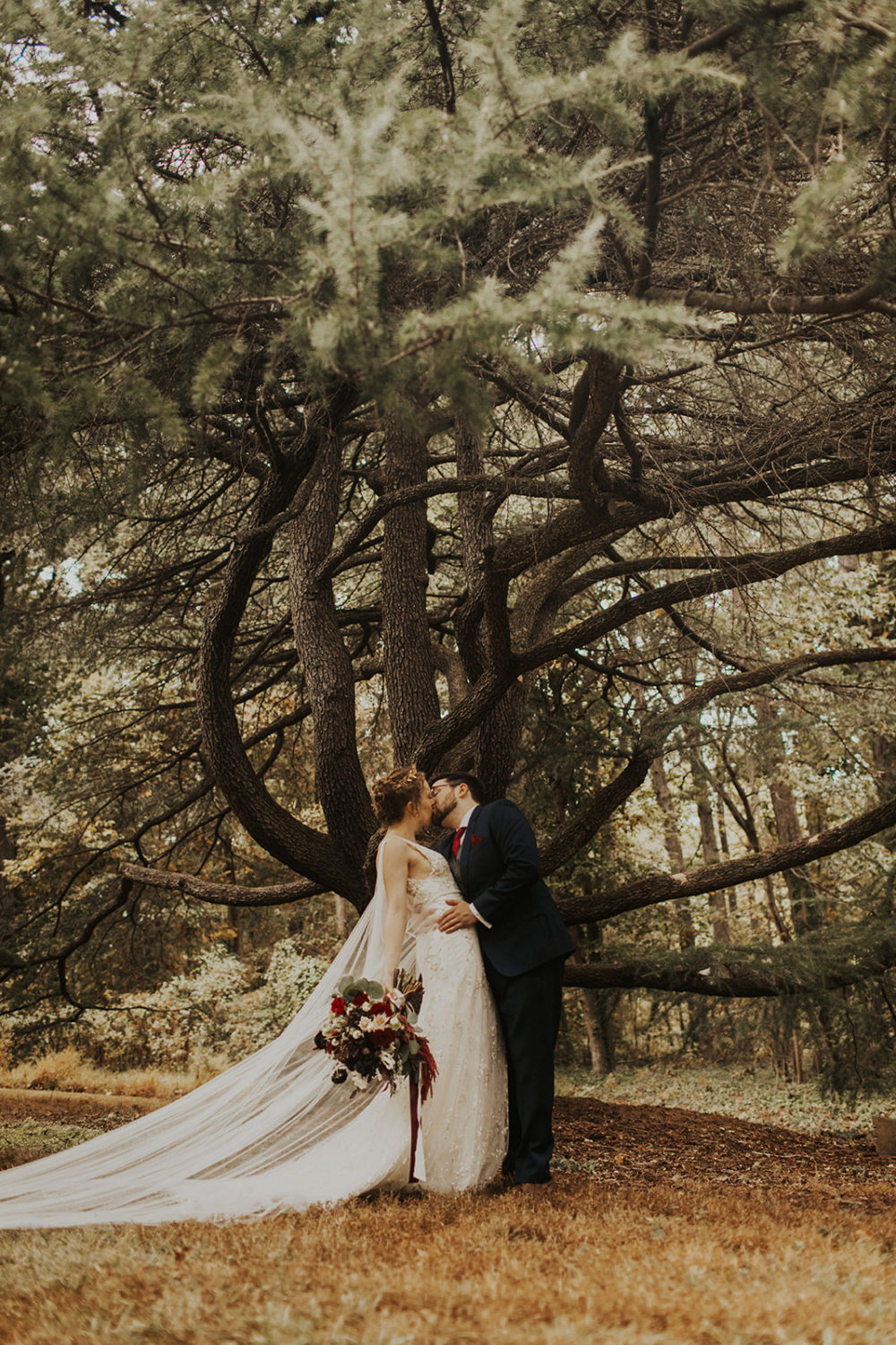 Couple kisses under tree in forest wedding first look