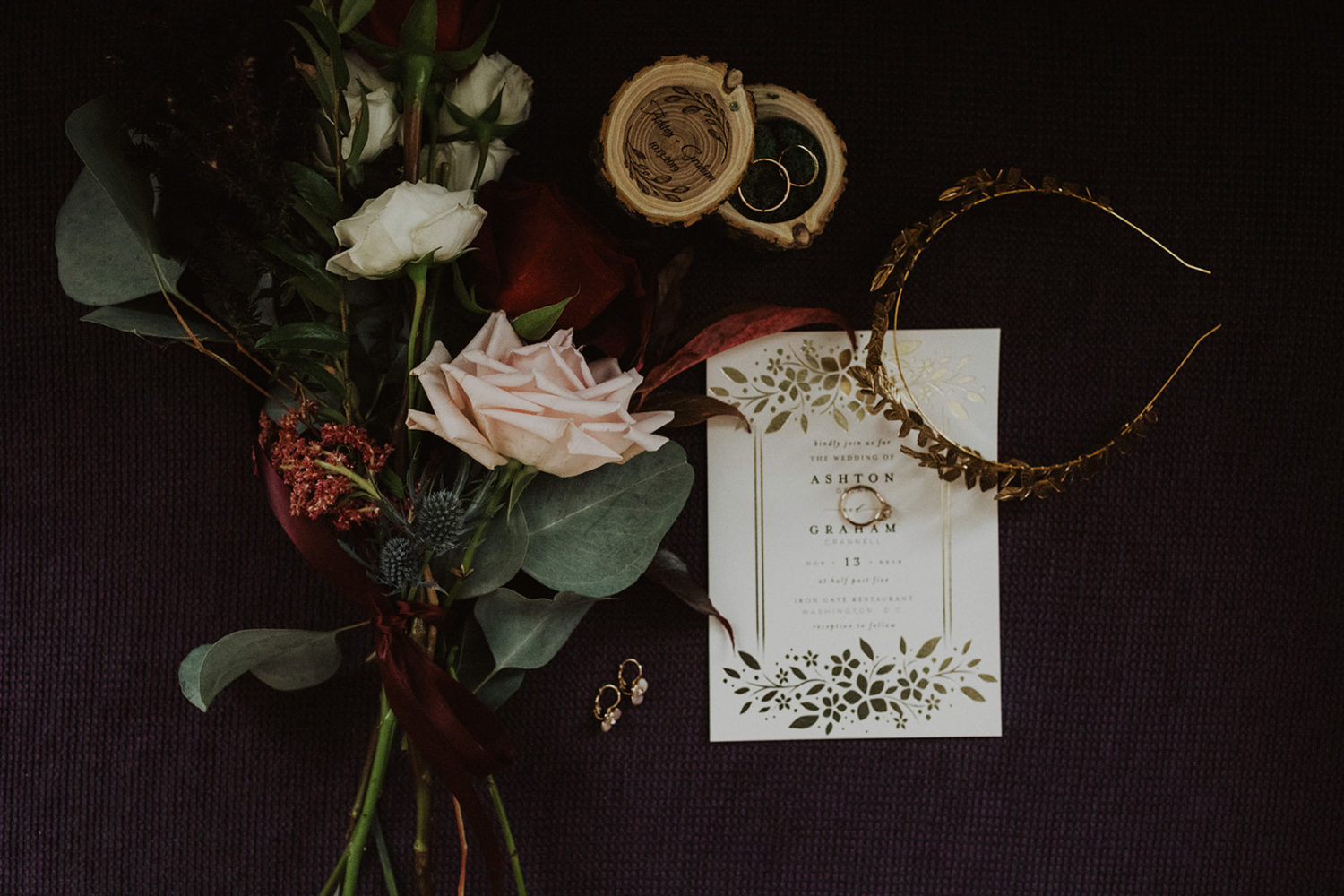 Wedding bouquet and accessories flat lay at Iron Gate Restaurant DC wedding
