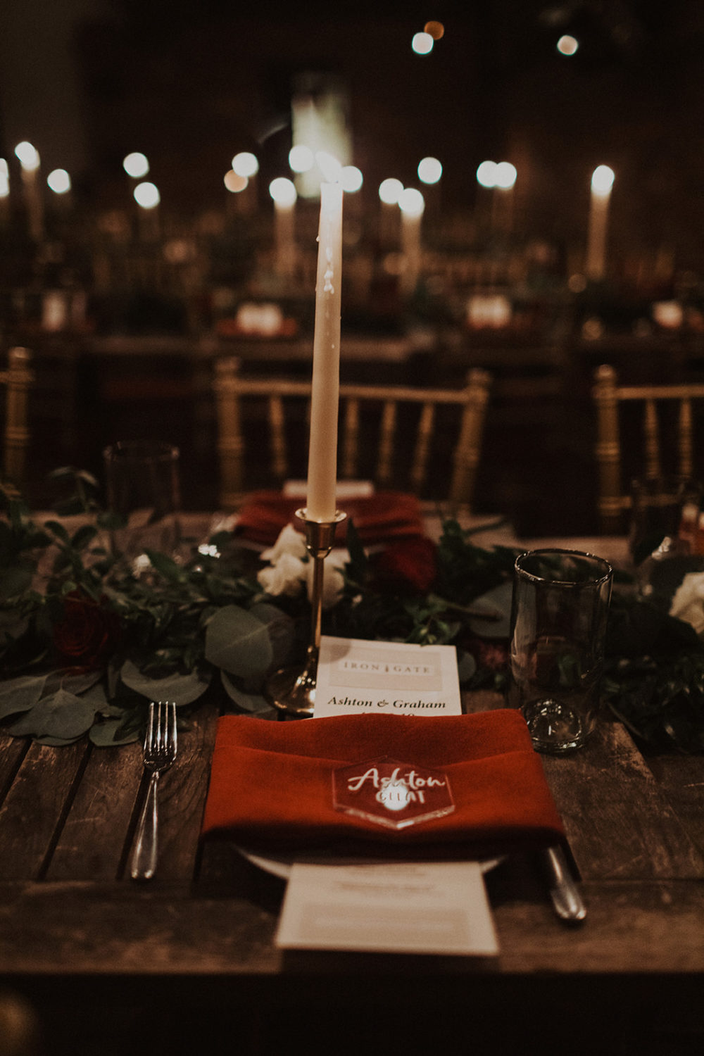 Personalized table setting with candles at Iron Gate Restaurant DC wedding
