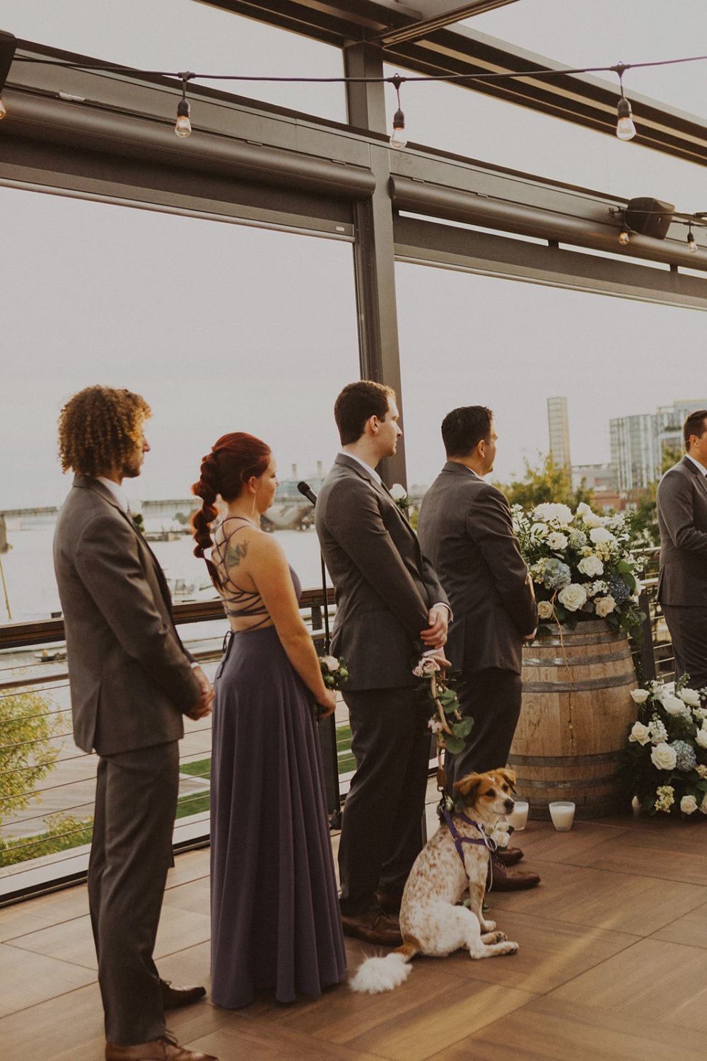 Dog sits with groomsmen at District Winery rooftop ceremony 