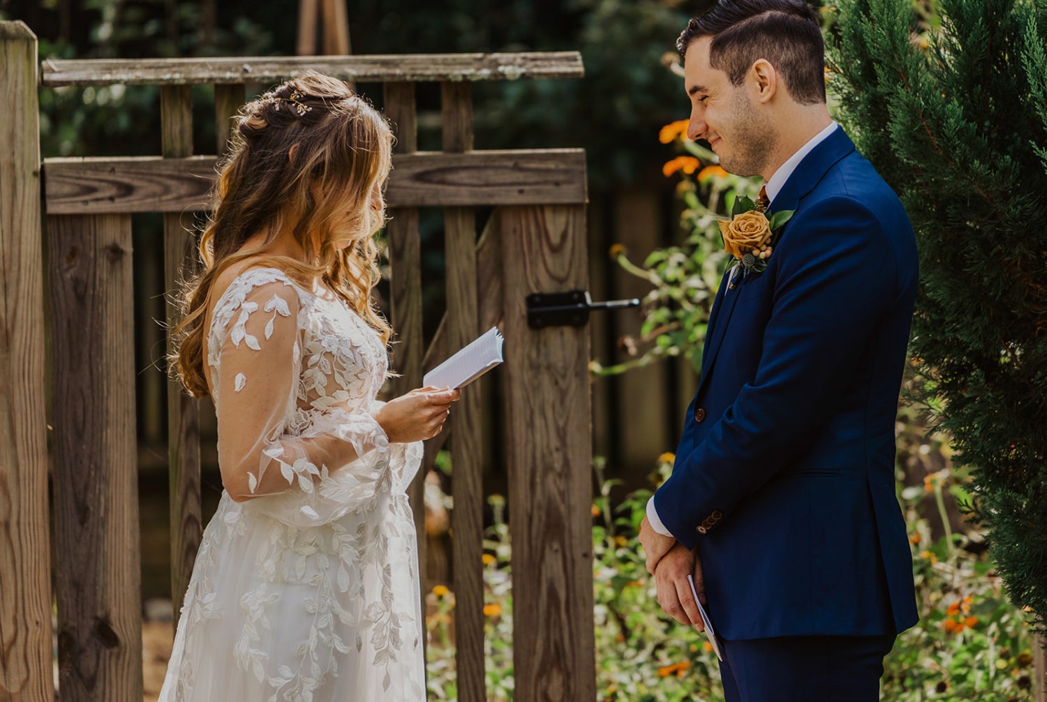 Couple exchanges vows during wedding first look