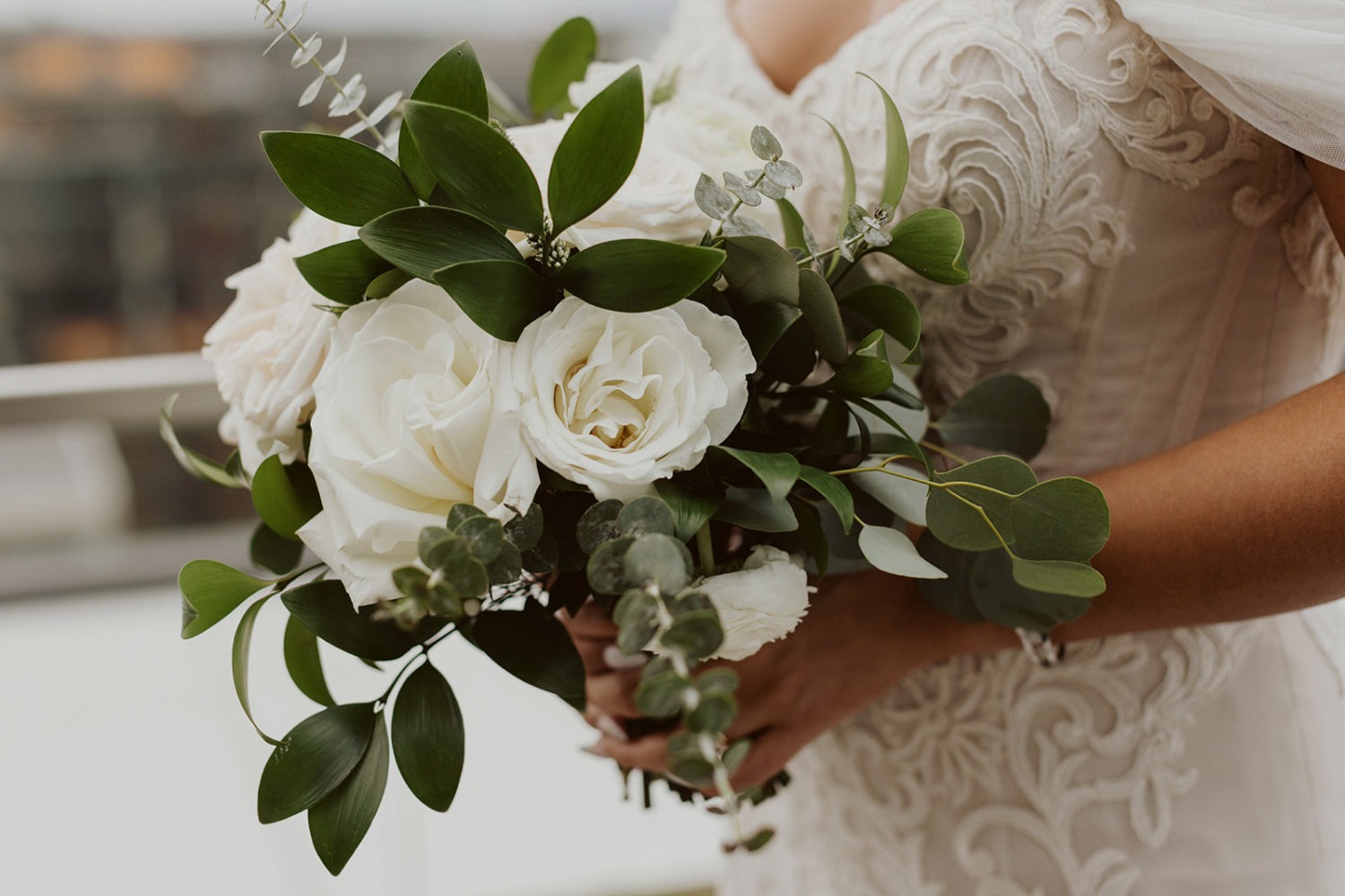 white rose with greenery wedding bouquet details