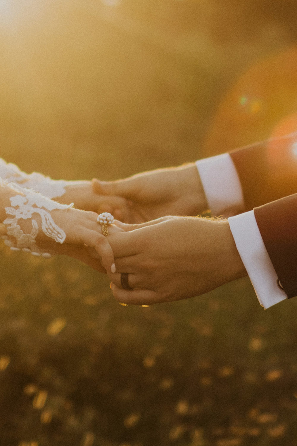 couple holds hands at sunset