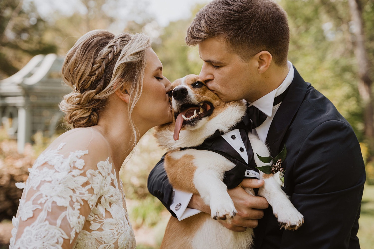 couple kisses dog at wedding