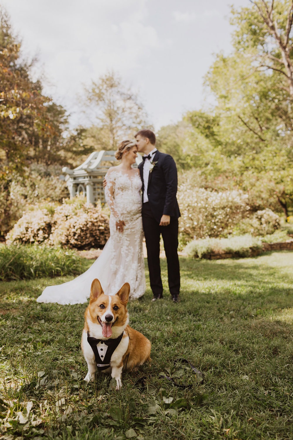 Couple kisses with dog wearing tux 