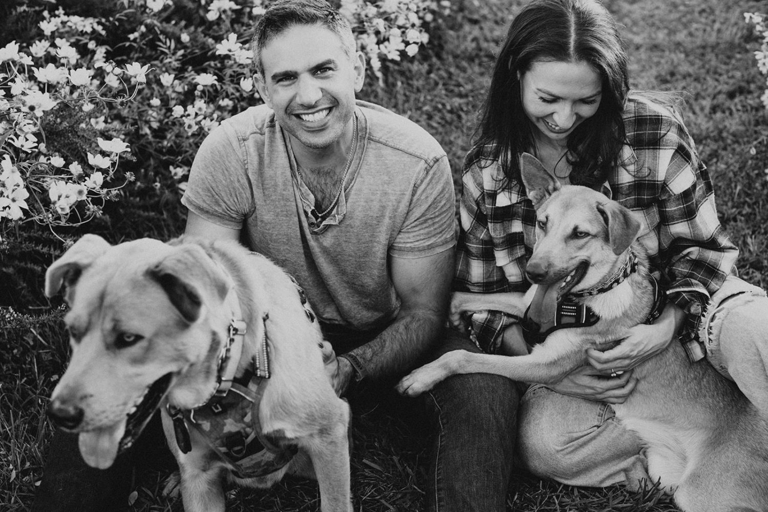 couple takes engagement photos with dogs in wildflower field
