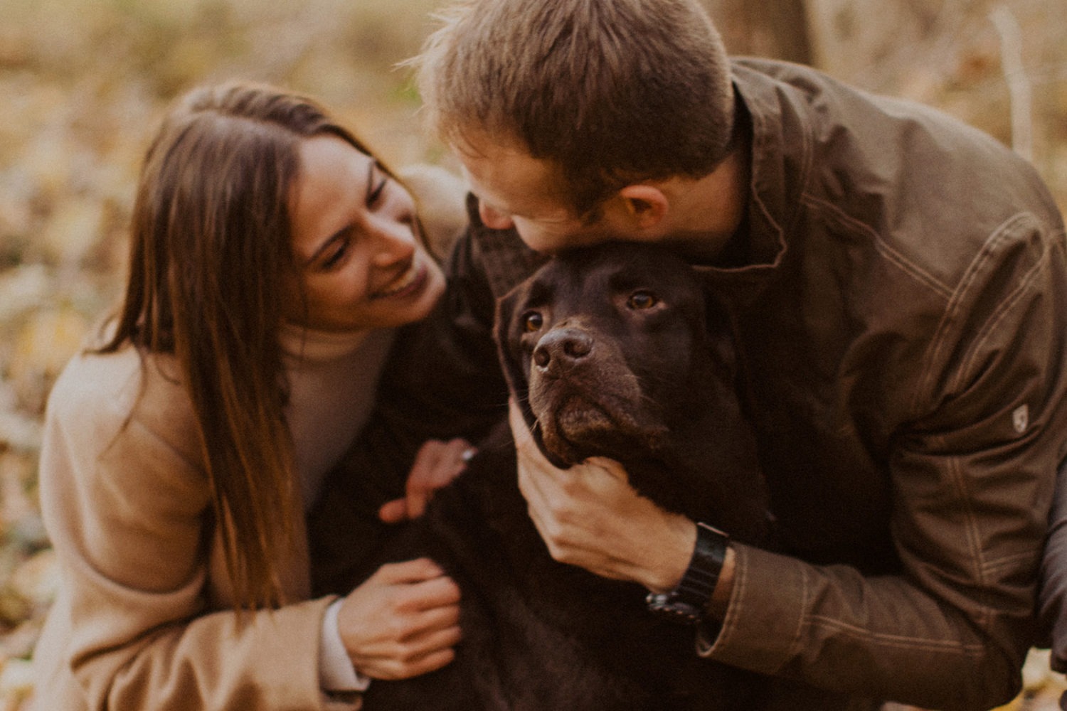 couple snuggles dog together at fall engagement photos session