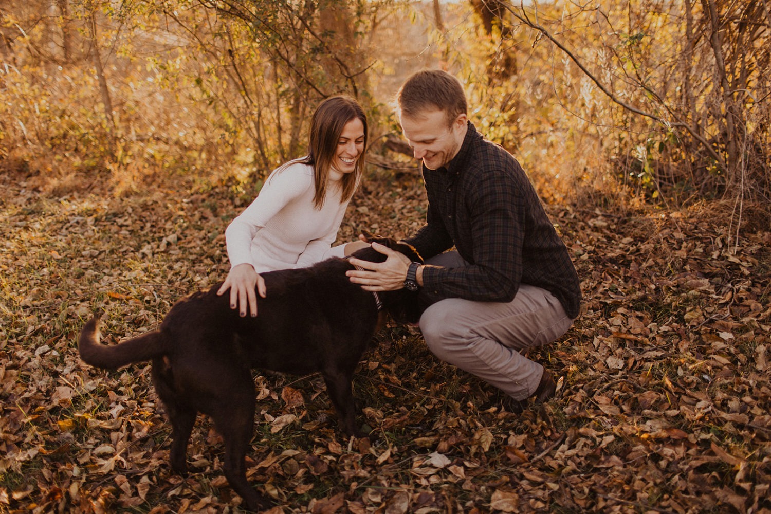 Couple pets dog at fall leaves sunset engagement session