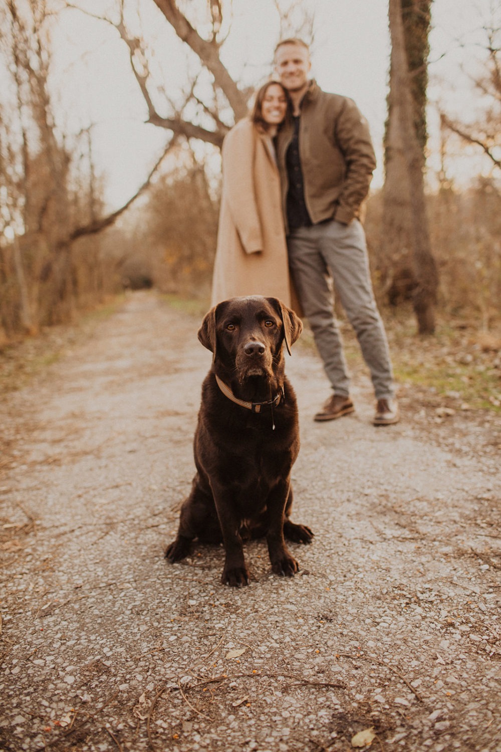 couple hugs while standing with dog on forest trail