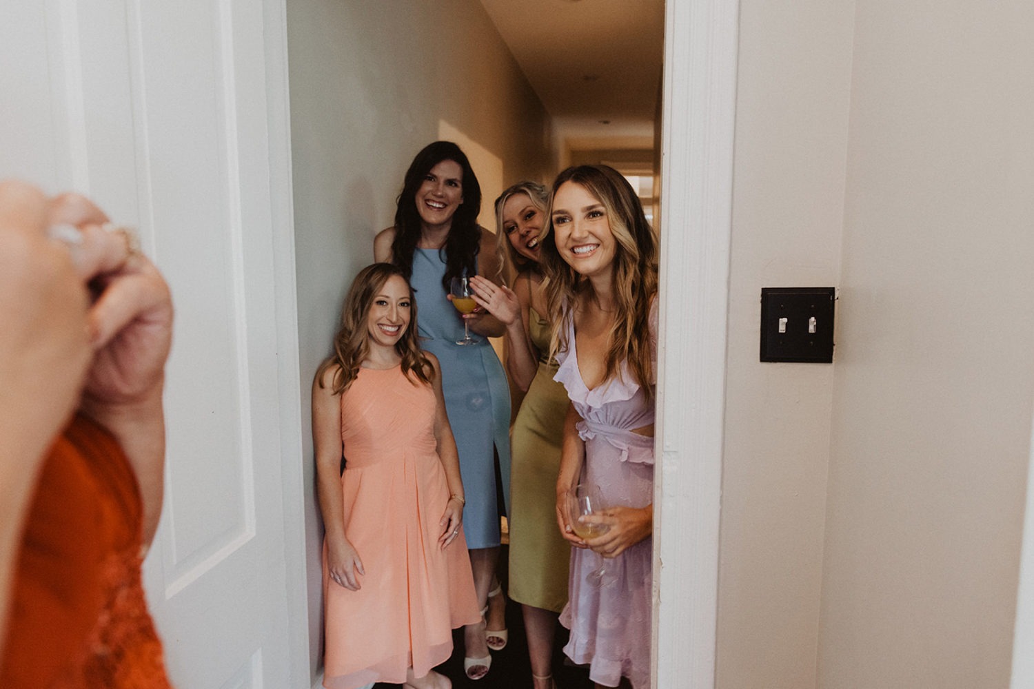 bridesmaids have first look with bride on DC wedding day