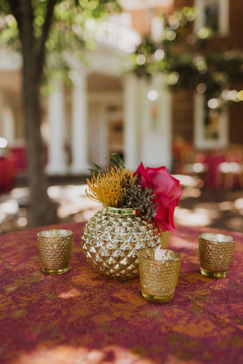 bright colors and gold at outdoor maryland wedding cocktail hour
