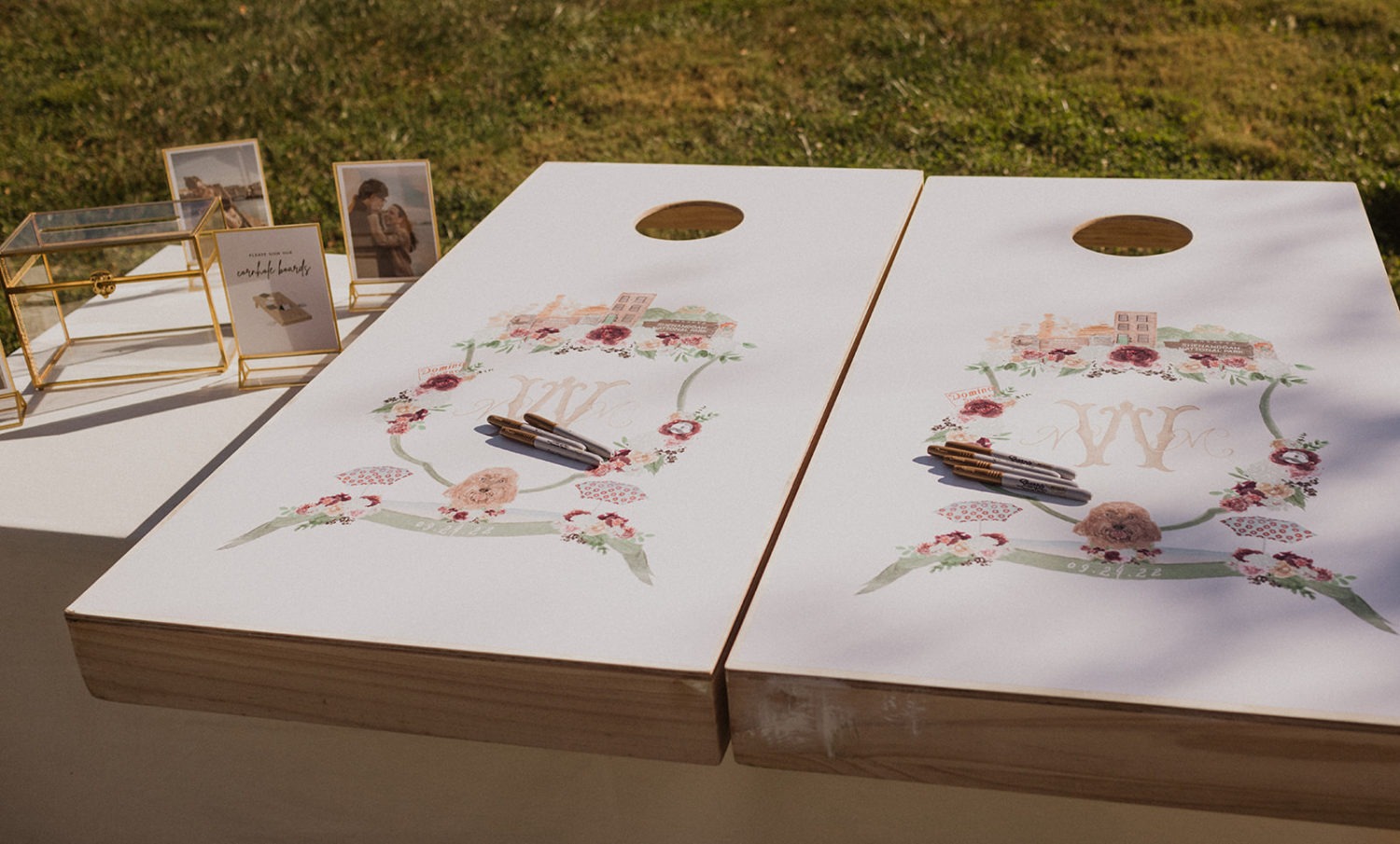 cornhole designed with wedding colors used as wedding guestbook