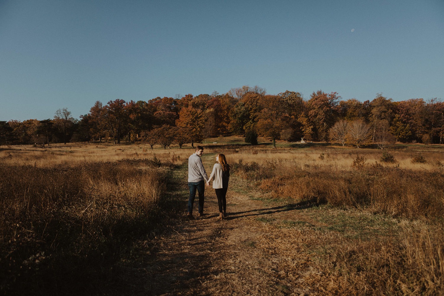 couple walks through meadow holding hands at fall engagement