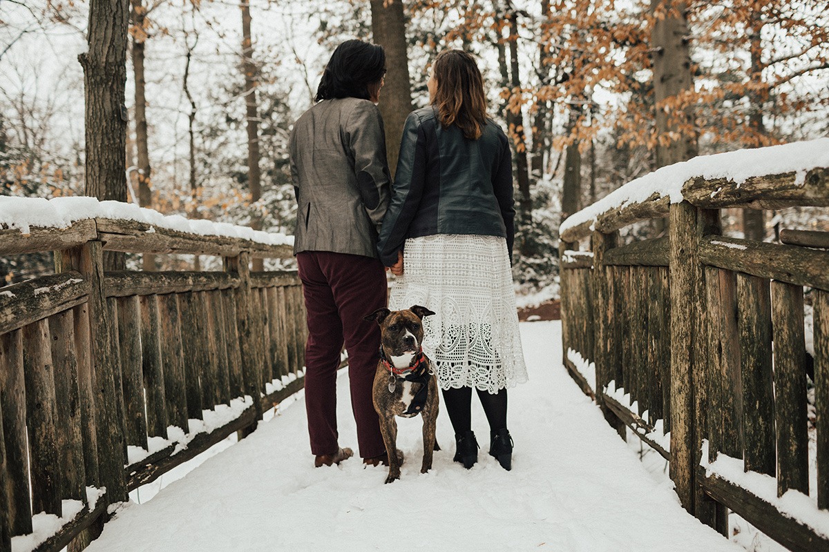 couple stands in snow on bridge with dog at National Arboretum DC engagement session