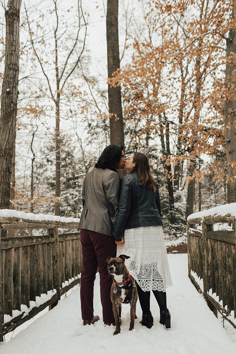 couple kisses while walking dog at National Arboretum winter engagement session
