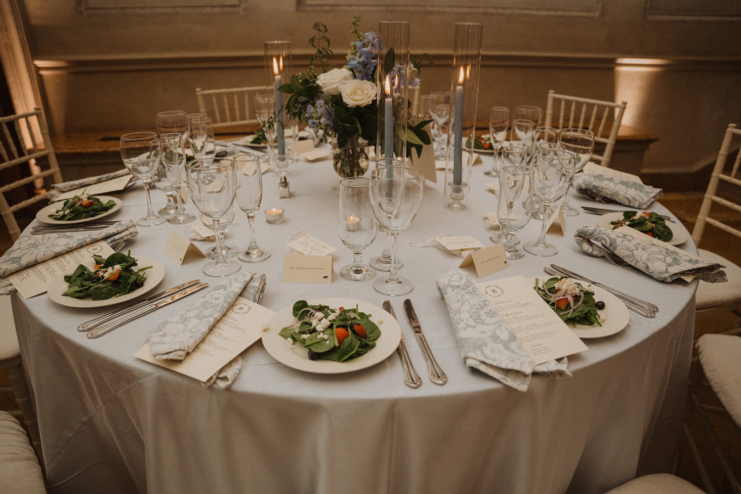 table decorations and food at DC mansion wedding venue