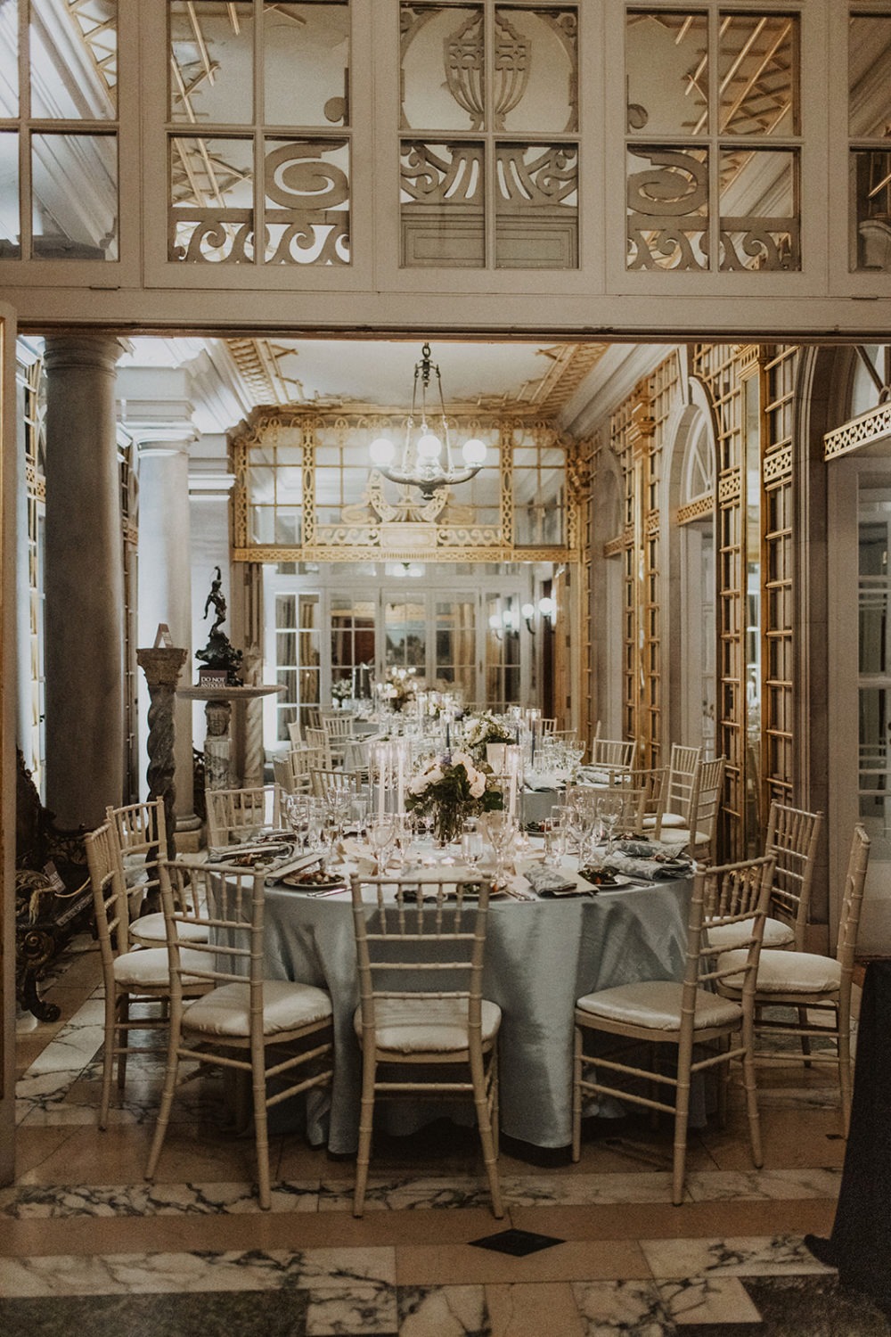 grand ballroom with reception decor at mansion wedding venue