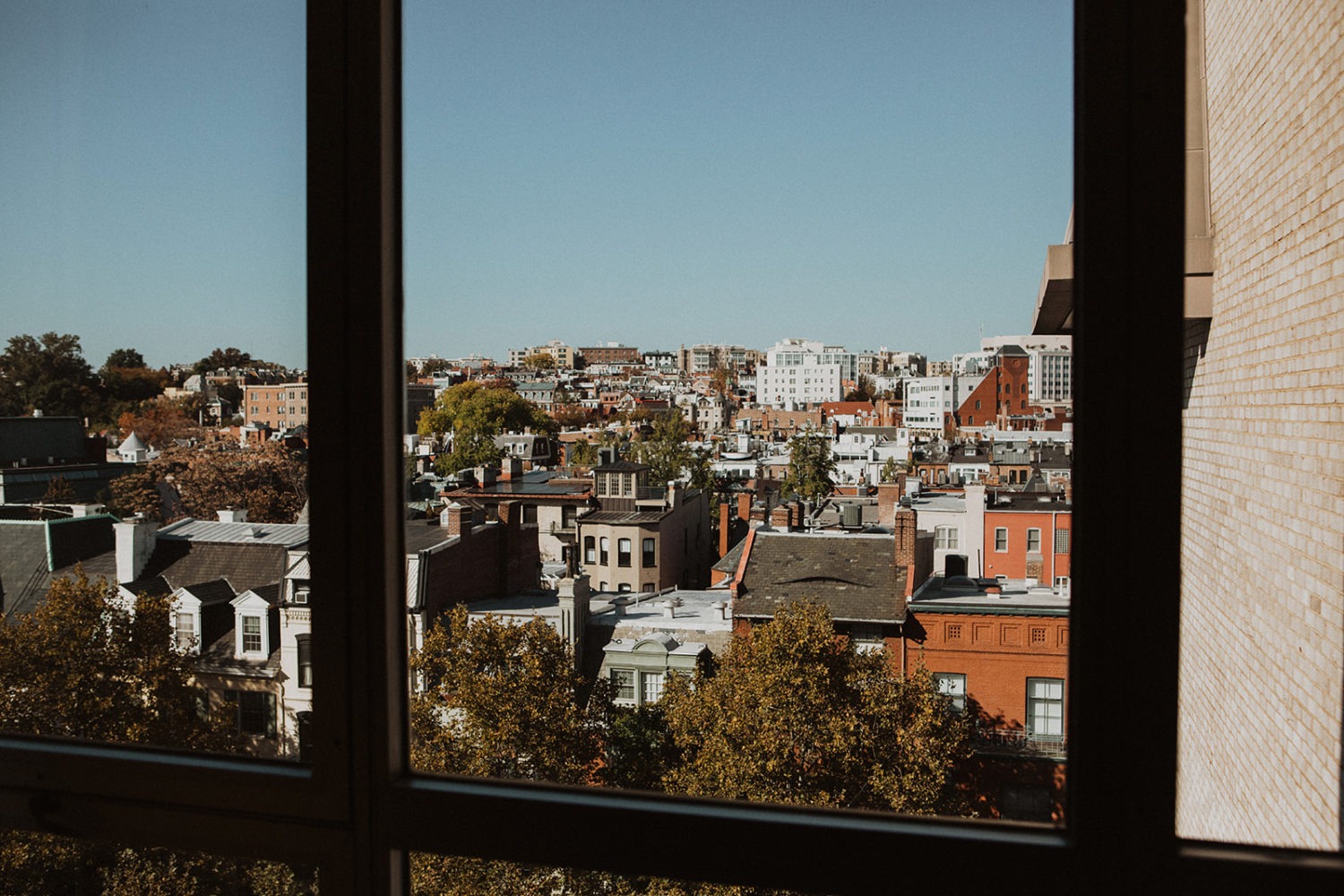 outside Washington, DC city view through hotel window