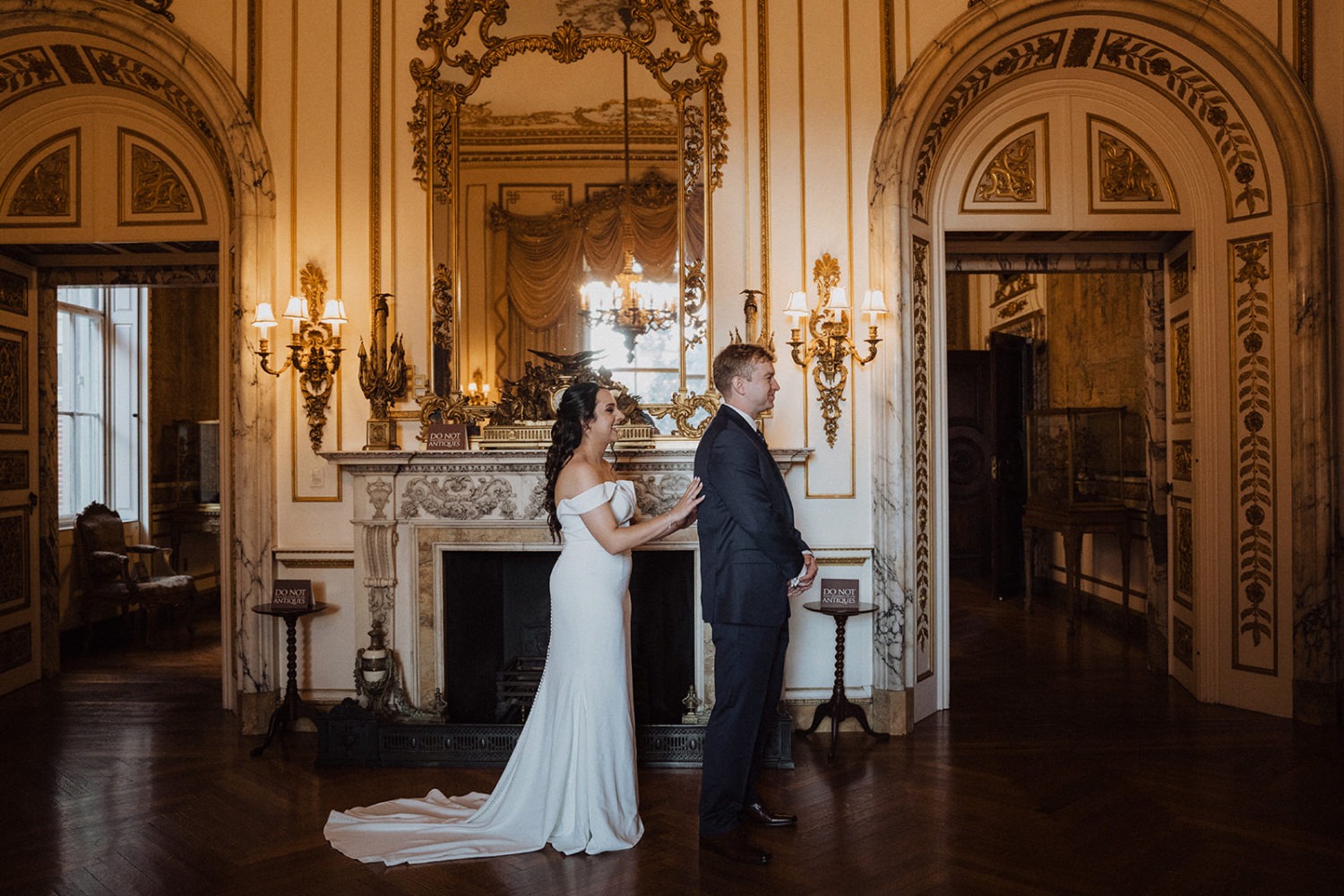 couple has first look in gold room at Anderson House in Washington, DC