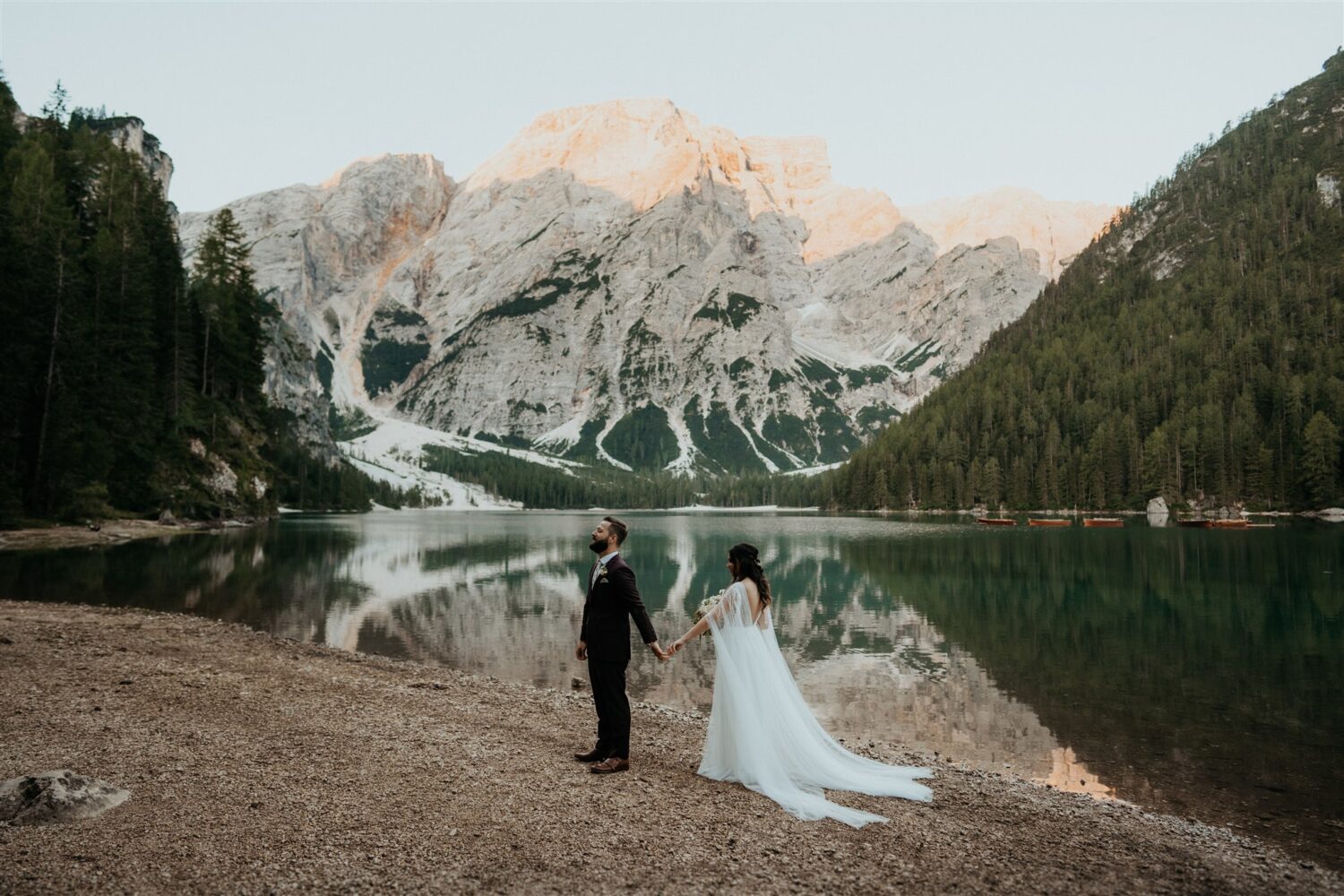 couple has first look beside Italian Dolomites 
