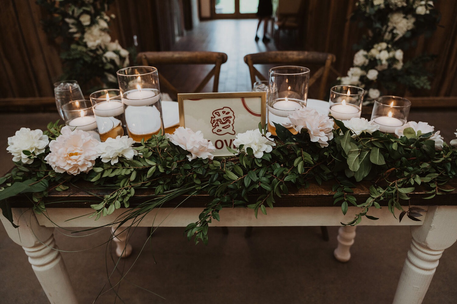white flowers, greenery and candles on wedding reception table